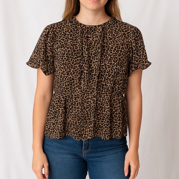 J. Crew Leopard Print Blouse Small A0549 Smocked Waist Short Sleeve Black Tan - Picture 1 of 11